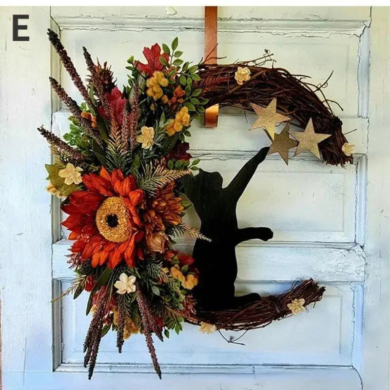 Halloween Black Cat Moon Wreath – Gothic Rose Front Door Decor Halloween Door Wreath Axl E