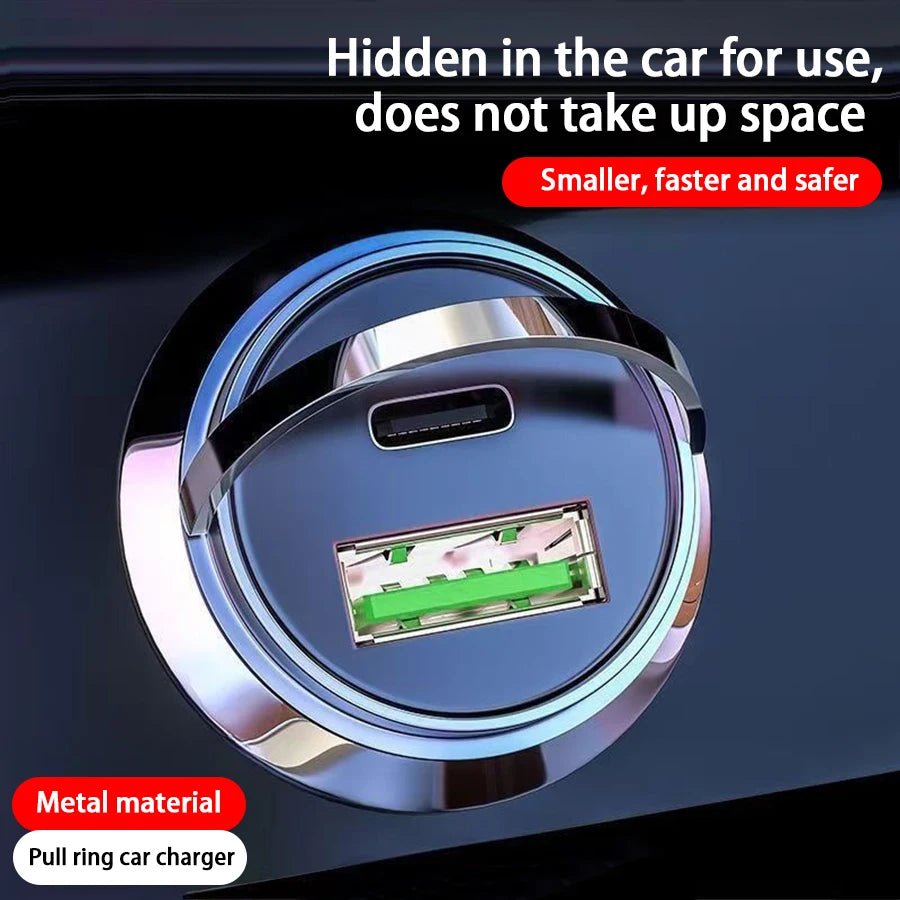 Hidden Mini Car Charger USB & USB-C Fast Charge Pull Ring Car Charger Axl