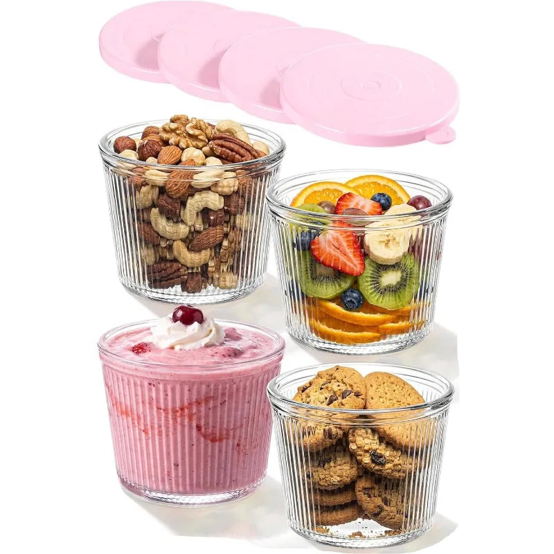 KEMORELA Glass Bowls with Lids – Stackable Striped Set Glass Storage Bowls Axl 4PCS Pink