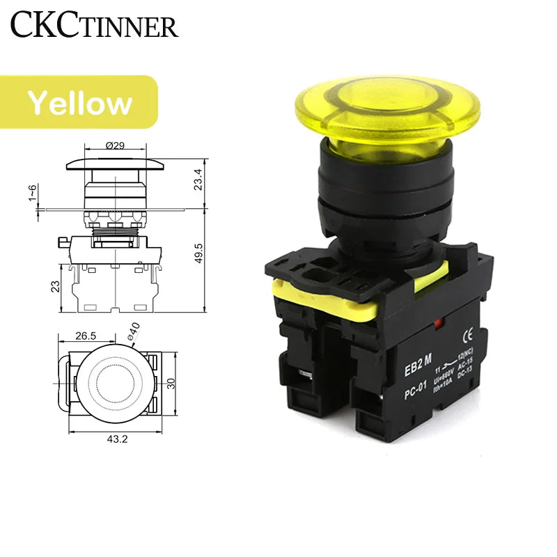 22mm Mushroom Head Push Button Switch 10A 660V – Self-Reset & Lock Push Button Switch Axl yellow Self-reset 12-24V