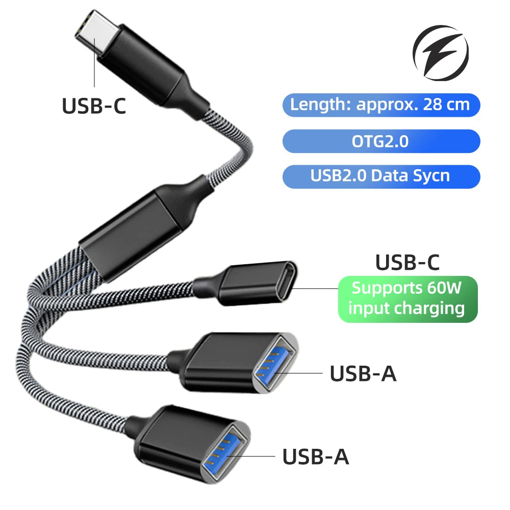 3-in-1 USB-A & Type-C Splitter Cable Hub Adapter 28cm USB Hub Adapter Axl C to 2USBC A