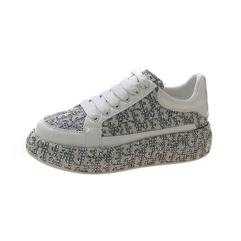 Women's Rhinestone Handmade Diamond Thick Sole Fashion Sneakers Fashion Sneakers Axl WHITE 36