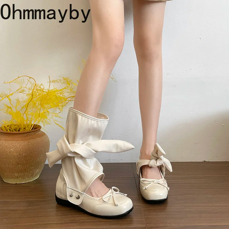 Satin Bow Ankle Strap Women's Flat Sandal Boots | Lolita Style Flat Sandal Boots Axl