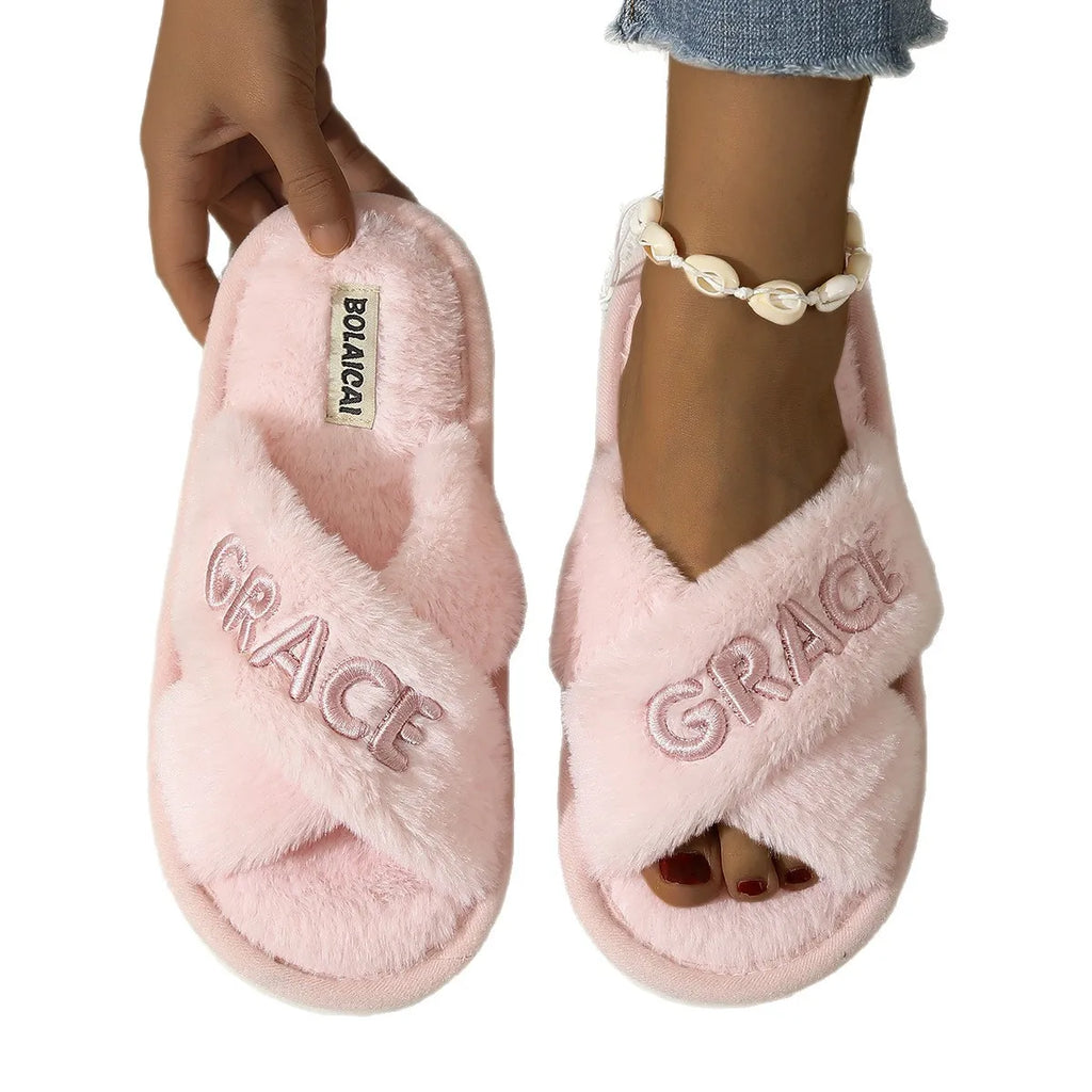 Women's Faux Fur Fluffy Slides – Custom Name Letter Slippers Faux Fur Slides Axl