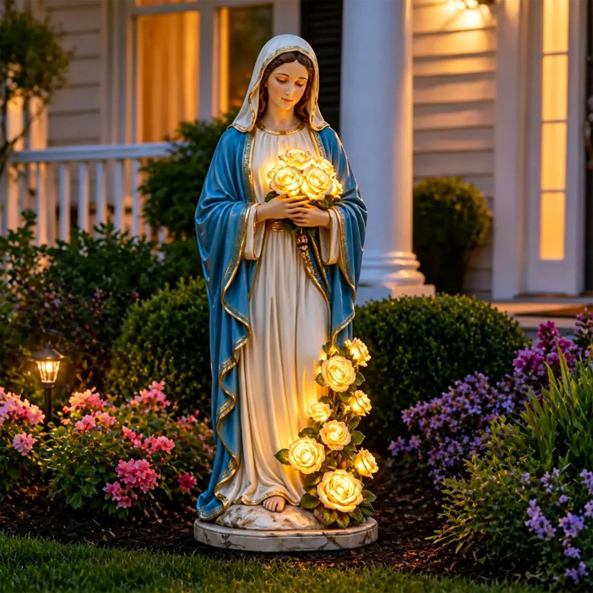 Virgin Mary Garden Statue with LED Rose Light | Outdoor Decor Garden Statue Light Axl