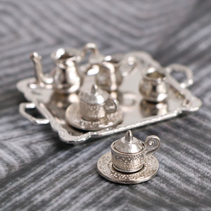 10pc 1/12 Dollhouse Miniature Silver Metal Tea Coffee Set Dollhouse Miniature Set Axl