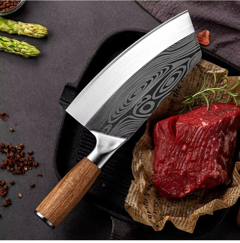 InLeung Stainless Steel Meat Cleaver – Wood Handle Butcher Knife Meat Cleaver Knife Axl
