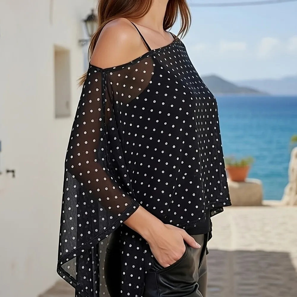 Sheer Polka Dot Cover-Up Blouse | Off Shoulder Loose Top Sheer Cover-Up Blouse Axl