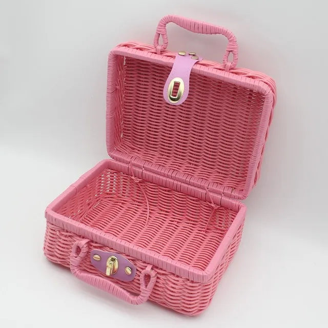 Retro Rattan Woven Storage Basket – Portable Handheld Organizer Woven Storage Basket Axl Pink