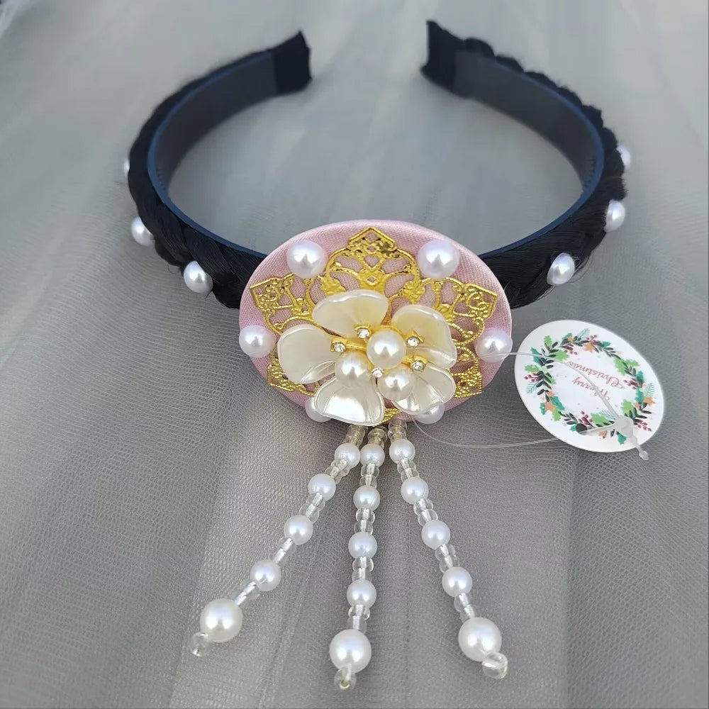 Korean Hanbok Headband – Pearl Tassel Retro Flower Hair Hoop Hair Headband Axl pink