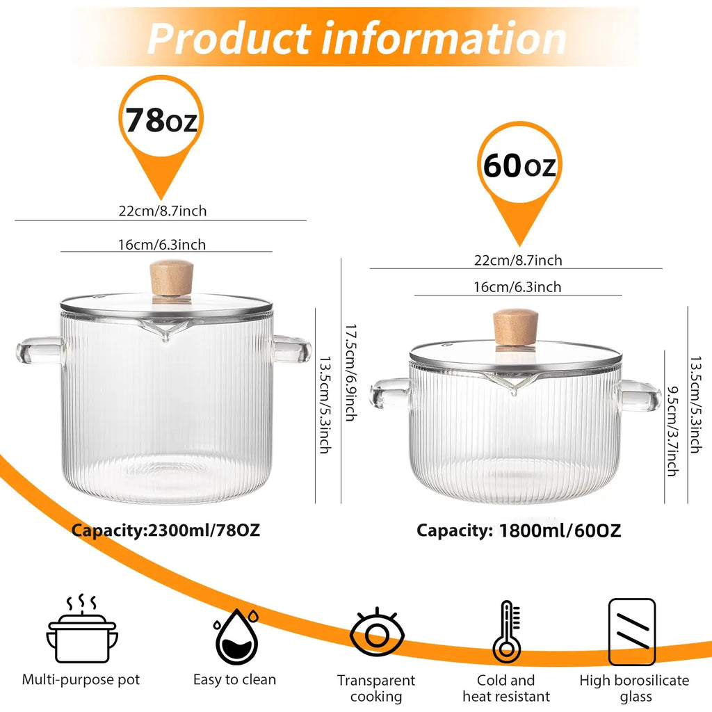 KEMORELA Clear Glass Saucepan with Lid – 1.8L & 2.3L Glass Saucepan Set Axl