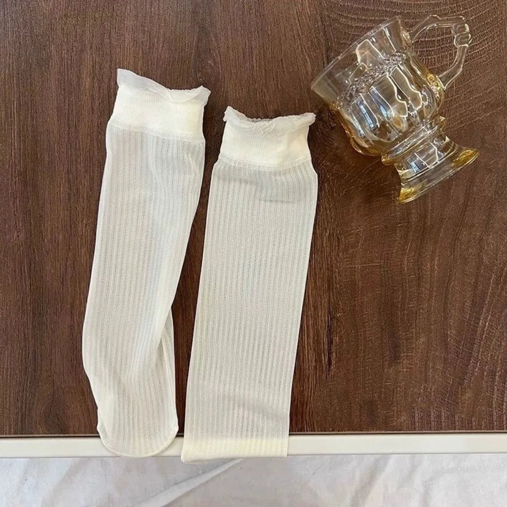 Ruffled Lace Transparent Socks – Ice Silk Mesh Ultra-Thin Lolita Lace Fashion Socks Axl Stripe One Size