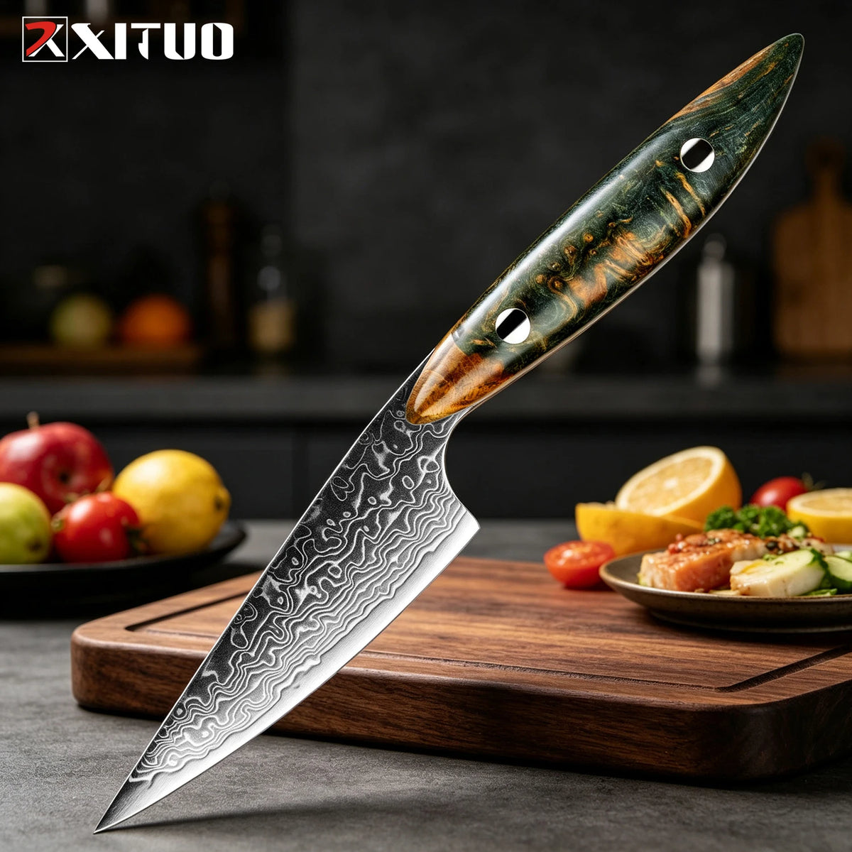 XITUO 3.5" Damascus Paring Knife – Japanese Steel Fruit Carving Damascus Paring Knife Axl Wood Handle