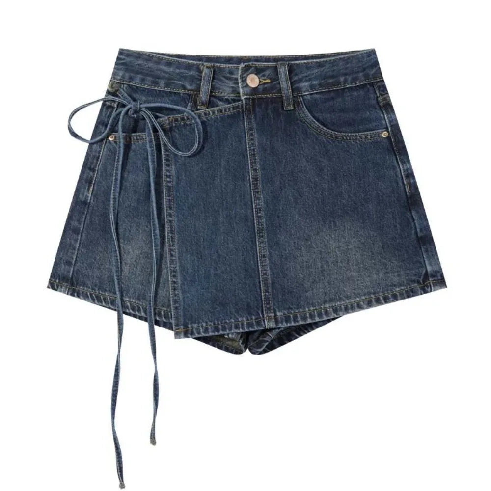 Y2K High Waist Denim A-Line Skirt – Lace-Up Wide Leg Blue Jean Denim A-Line Skirt Axl Dark Blue M