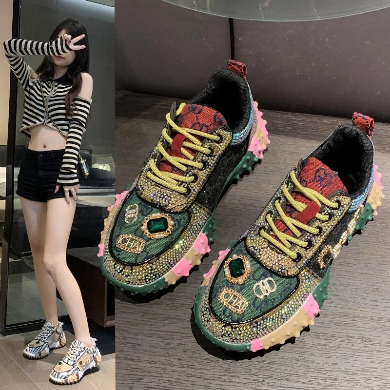Women's Rhinestone Platform Sneakers – Glam Thick Sole Shoes Platform Sneakers Axl