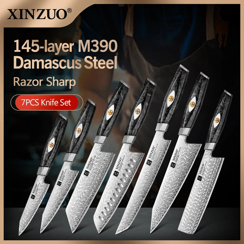 XINZUO Damascus Knife Set 2–7 PC | 145-Layer M390 Steel & Carbon Fiber Damascus Knife Set Axl