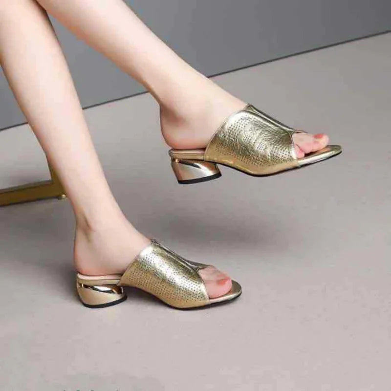 Women's PU Square Heel Slide Sandals – Silver & Gold Summer Heeled Slide Sandals Axl