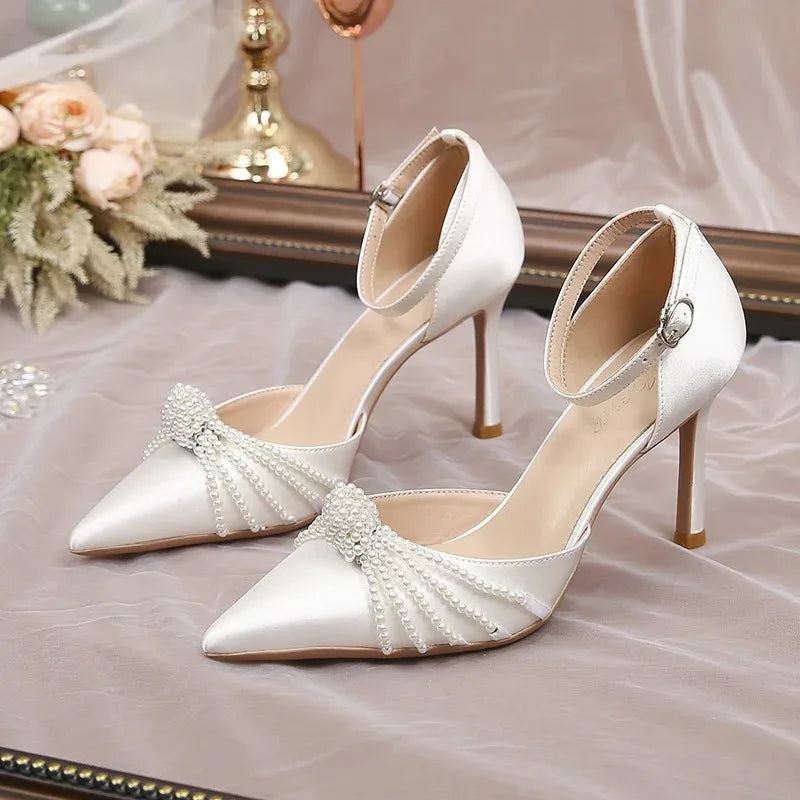 Beaded Satin High Heel Wedding Pumps – Pointed Toe Stilettos High Heel Pumps Axl