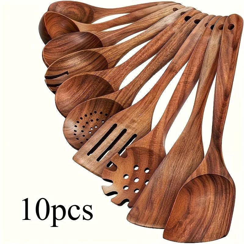10-Piece Natural Wooden Cooking Utensils Set – Spoons & Ladles Wooden Cooking Utensils Axl 10PCS