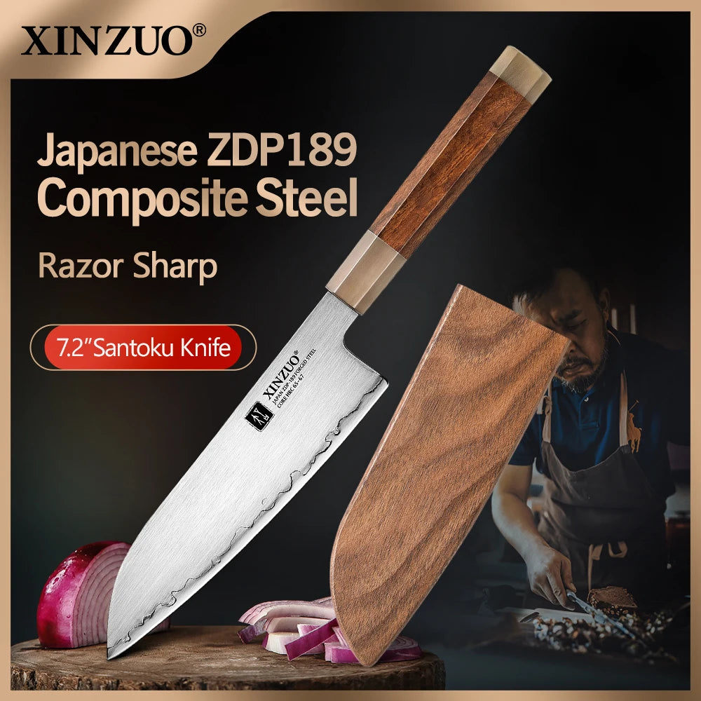 XINZUO 7.2" Santoku Knife Japanese ZDP-189 Steel & Wood Gift Box Santoku Kitchen Knife Axl