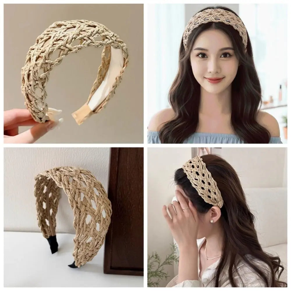 Hollow-Out Woven Straw Headband – Wide Hair Hoop for Women Woven Hair Headband Axl