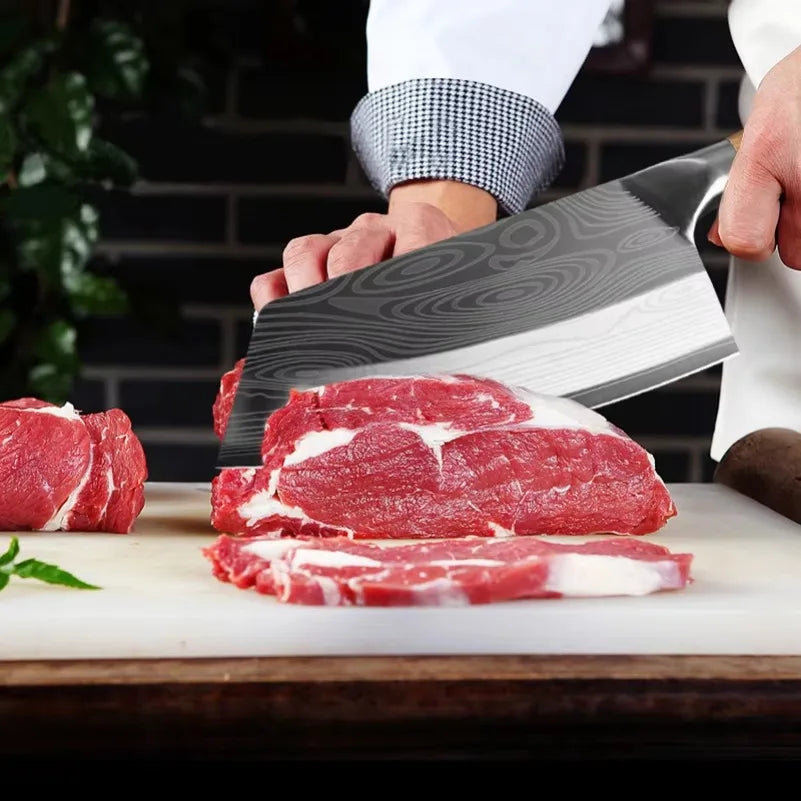 InLeung Stainless Steel Meat Cleaver – Wood Handle Butcher Knife Meat Cleaver Knife Axl
