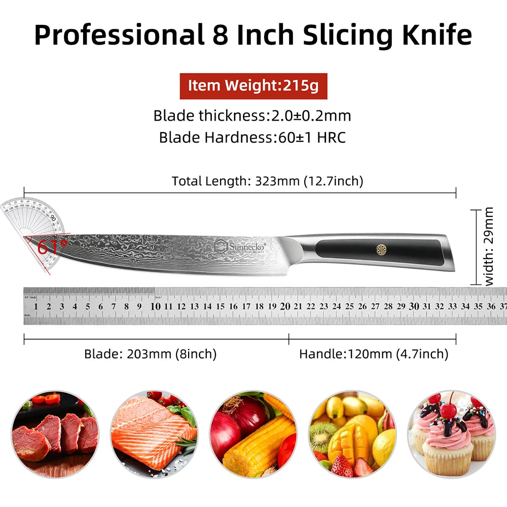 Sunnecko 7-Pc Damascus Chef Knife Set | VG10 Steel HRC60+ Damascus Knife Set Axl 8 Inch Slicing Knife China Mainland
