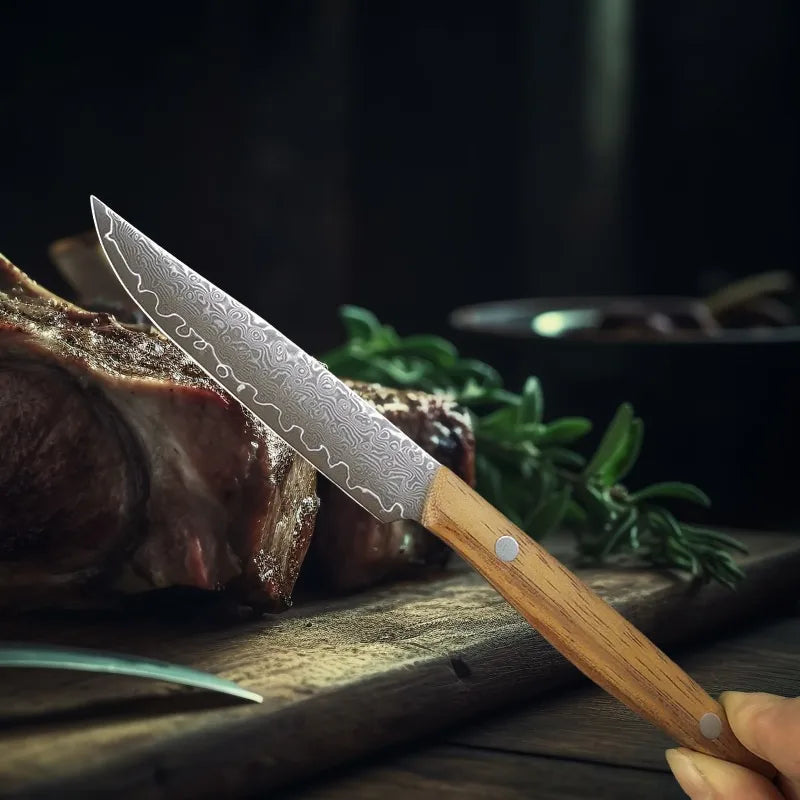Damascus Steel Steak Knife – 4" Sharp Blade & Wood Handle Damascus Kitchen Knife Axl