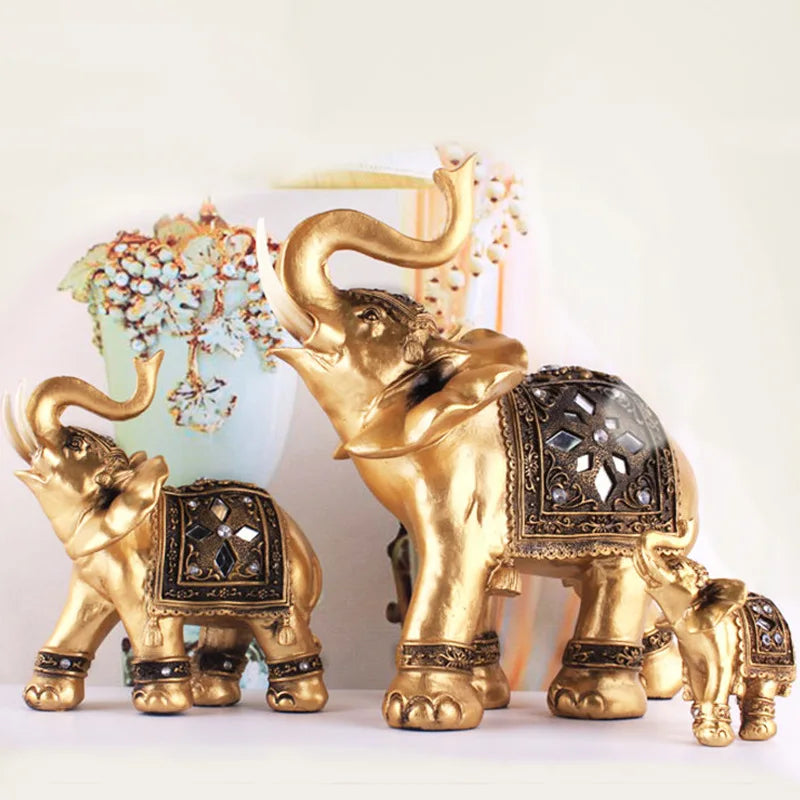 Golden Resin Elephant Statue – Feng Shui Lucky Figurine Decor Decorative Figurine Axl M