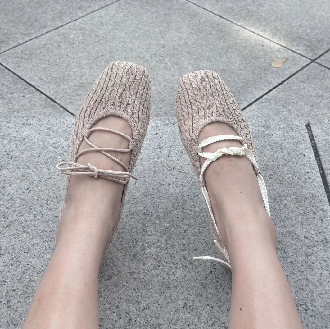 Women's Knit Ballet Flats – Square Toe Cross Strap Lace-Up Ballet Flats Axl Apricot 36