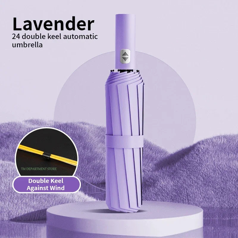 Windproof Auto 3-Fold Umbrella – 24 Rib Double Canopy UPF UV Travel Umbrella Axl 24 Ribs lavender 24K Iron