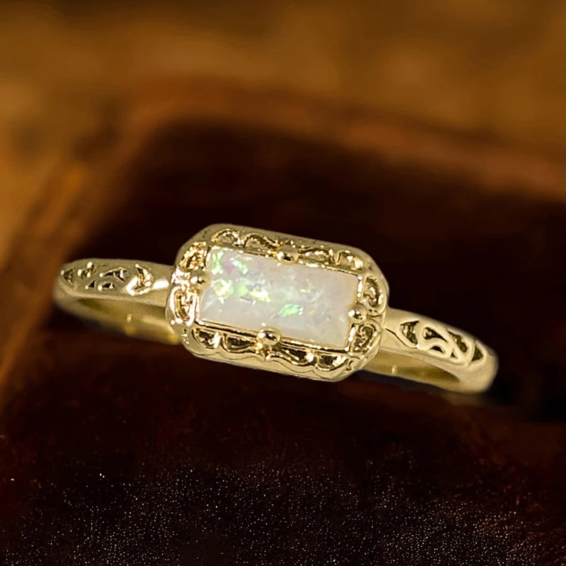 Huitan Vintage Imitation Opal Rectangular Ring for Women Fashion Ring Axl
