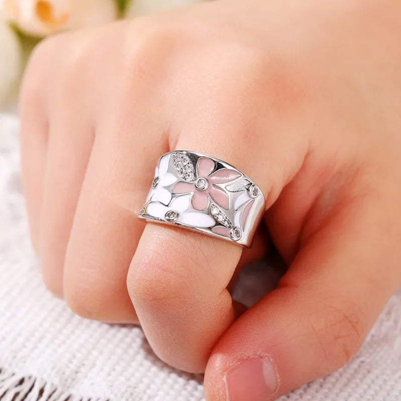 Huitan Enamel Flower Ring for Women | CZ Floral Fashion Ring Enamel Fashion Ring Axl