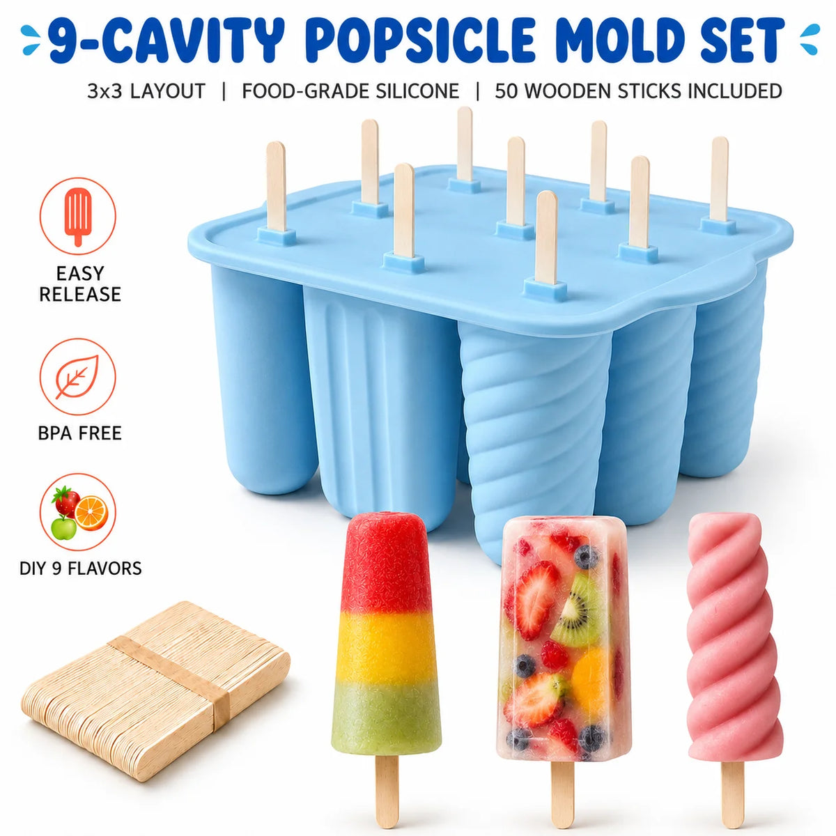 9-Cavity Silicone Popsicle Mold with 50 Wooden Sticks Ice Pop Mold Axl