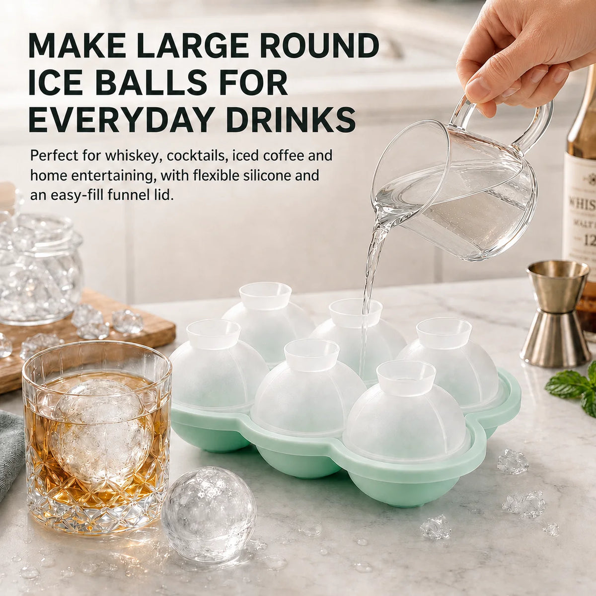 6-Sphere Silicone Ice Ball Maker Tray with Funnel Lid | Bar Silicone Ice Ball Tray Axl