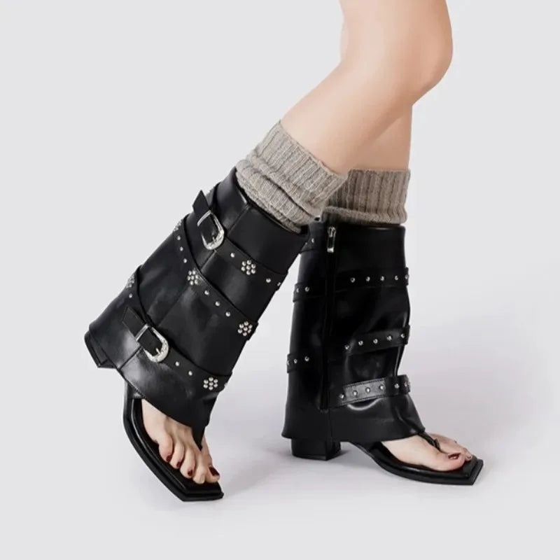 Women's Punk Mid-Calf Boots – Metal Decor Square Heel Leather Mid-Calf Boots Axl