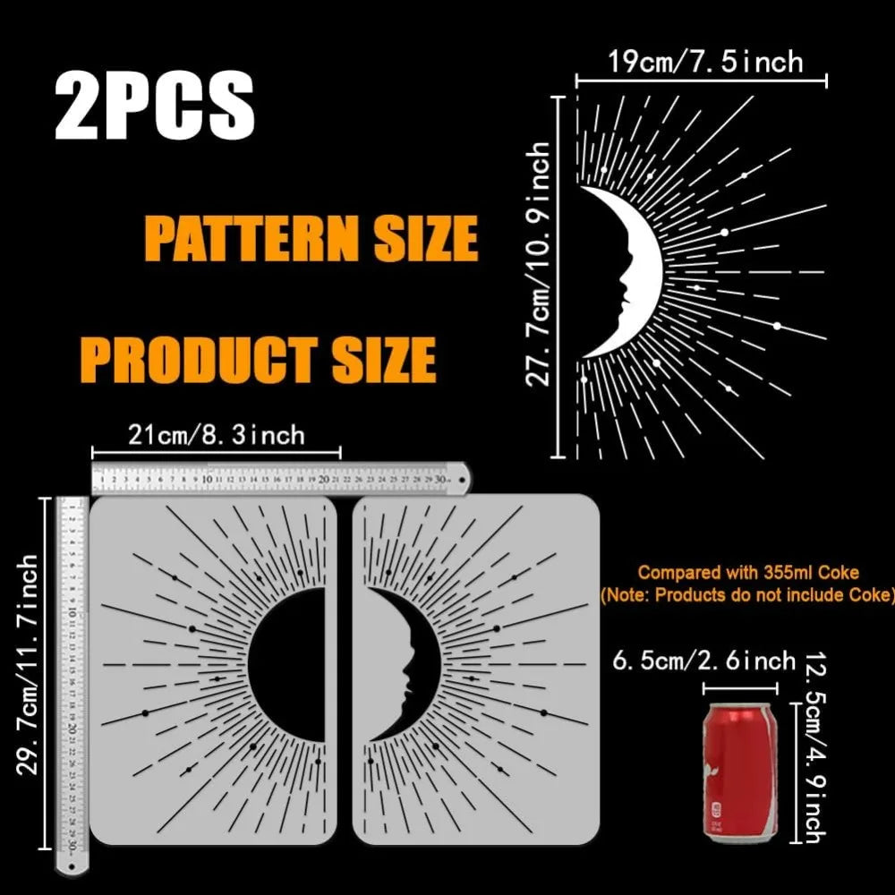 2-Pack Boho Sun & Moon Reusable Stencils 8.3x11.7" DIY Art Craft Stencil Set Axl