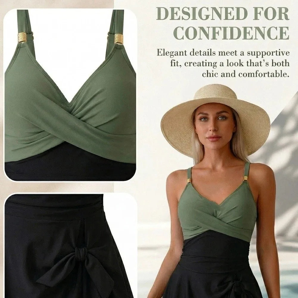 Women's V-Neck Pleated Skirt Swimsuit – Slim Fit Beachwear Women's Swimsuit Axl