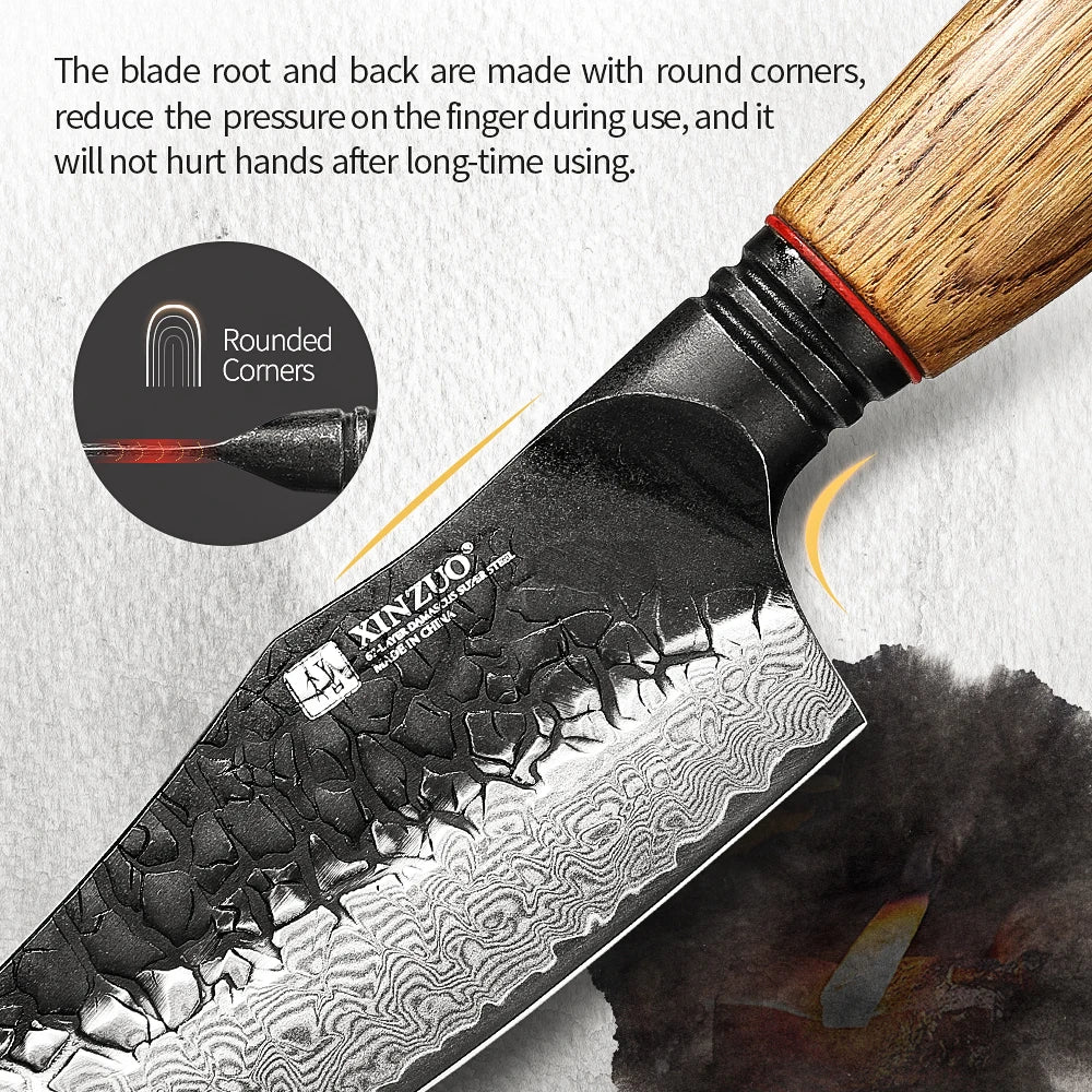 XINZUO Damascus Viking Knife 5.87" – 67-Layer Steel, Oak Handle Damascus Kitchen Knife Axl