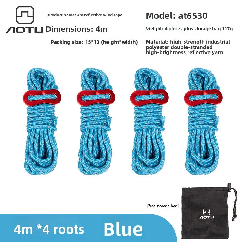Reflective Tent Guy Lines 4mm – 4×4M Camping Tarp Ropes Set Tent Guy Lines Axl Blue 4Stripx4Rice (C