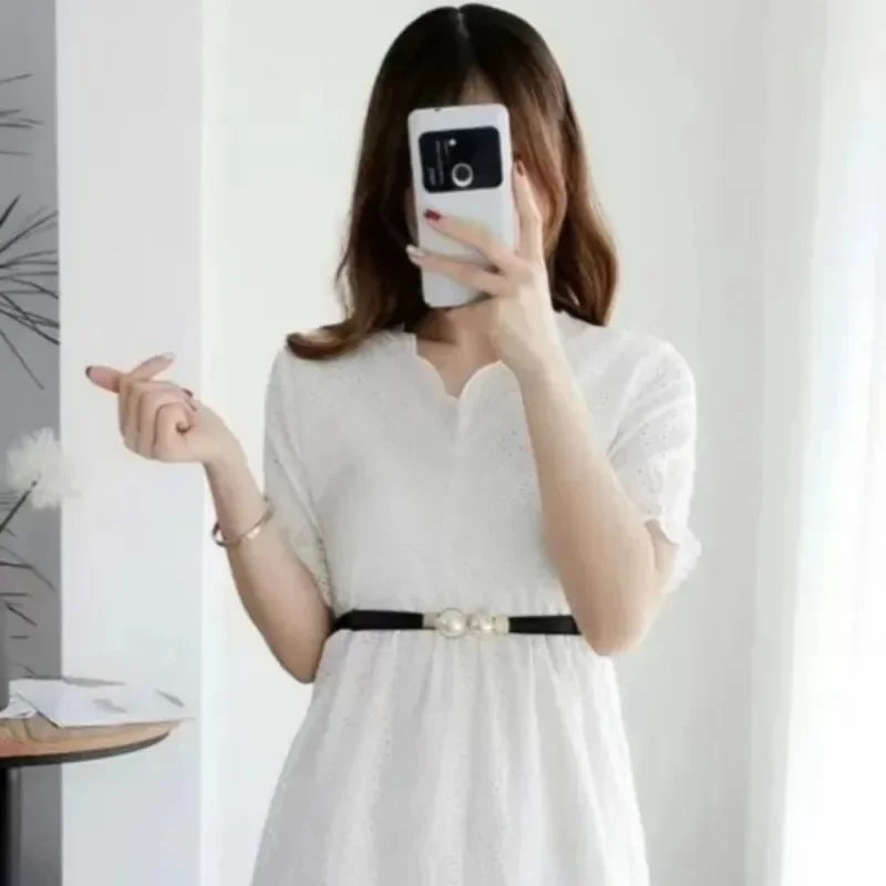 Women's Elastic Pearl Buckle Thin Belt – PU Waist Strap Women's Fashion Belt Axl