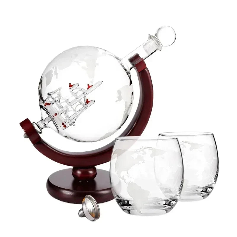 Globe Whiskey Decanter Set 900ml – Wood Stand & 2 Glasses Whiskey Decanter Set Axl 2 Cup set