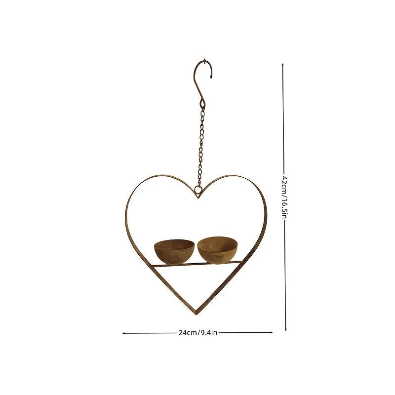 Rusty Metal Heart Double Bowl Bird Feeder – Vintage Garden Décor Bird Feeder Axl
