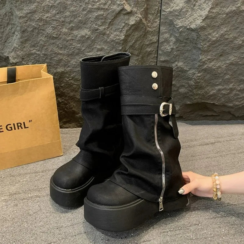 Women's Retro Platform Knight Boots | Side Zipper Mid-Calf Platform Knight Boots Axl