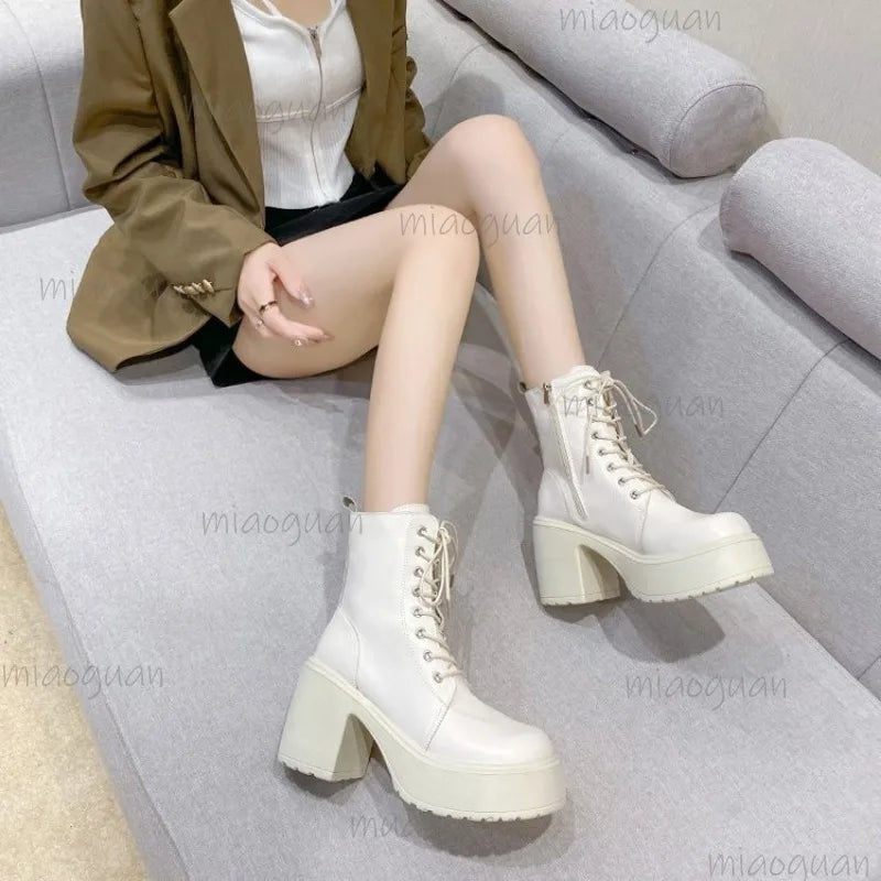 Women's Waterproof Platform Lace-Up Ankle Boots 9cm Heel Platform Ankle Boots Axl