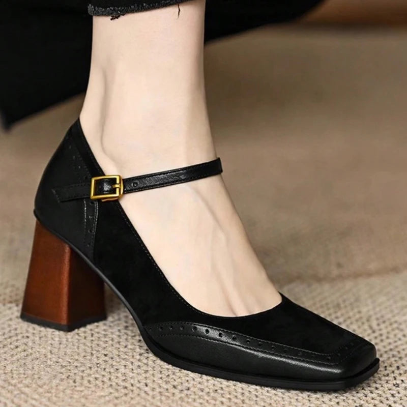 Women's Black Square Toe Chunky Heel Mary Jane Pumps Chunky Heel Pumps Axl
