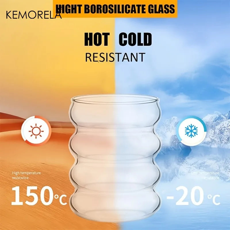 KEMORELA 380ml Ripple Vintage Glass Cups with Straws | Borosilicate Glass Drinkware Set Axl