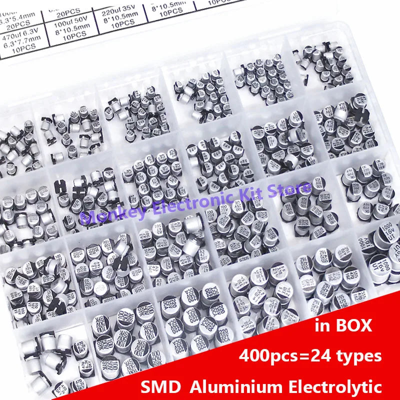 400PCS SMD Electrolytic Capacitor Kit 1µF–1000µF 24 Values Box Capacitor Assortment Kit Axl Default Title