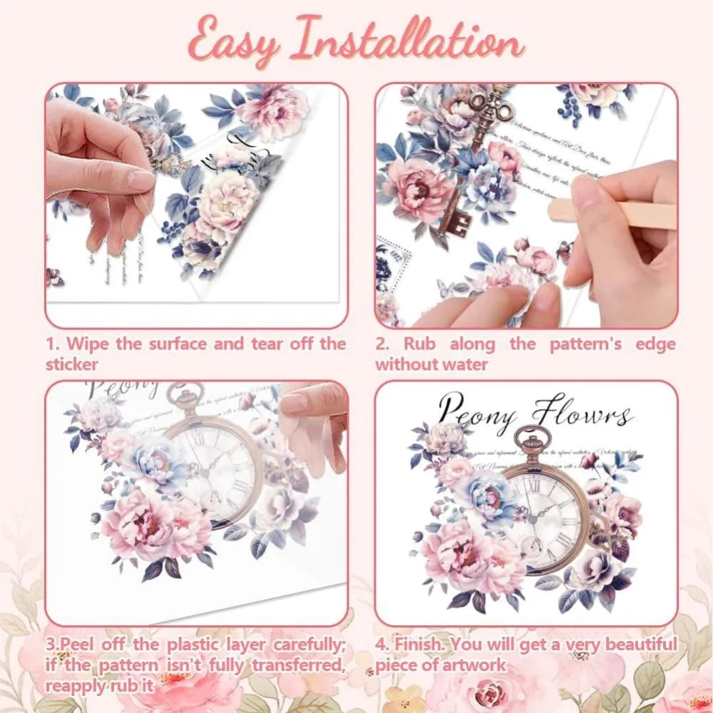 Vintage Peonies Rub-On Transfer Decals 6×12" – 3 Pack Craft Transfer Decals Axl