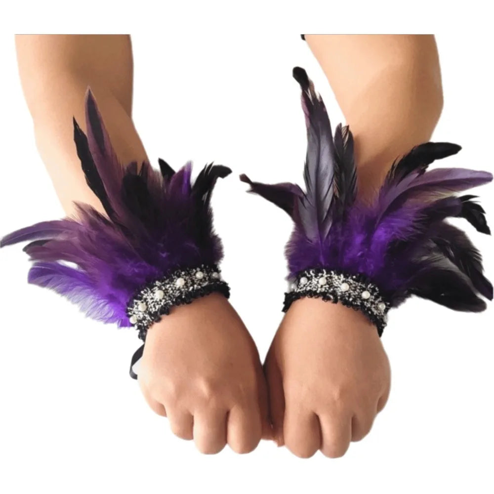 Feather Wrist Cuffs – Lace Pearl Arm Cuffs for Halloween & Carnival Costume Wrist Cuffs Axl Purple
